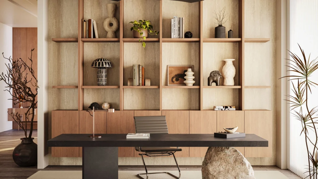 Modern desk with artistic décor, bookshelf, plants, and minimalist chair in a stylish room.