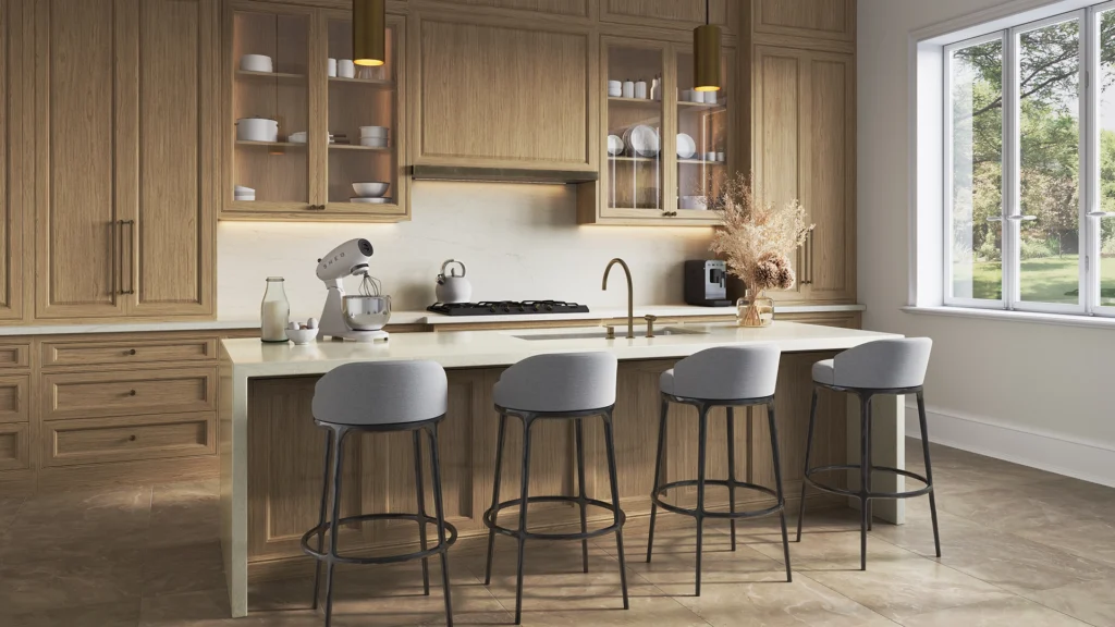 Modern kitchen with wooden cabinets, marble island, four bar stools, and large window.