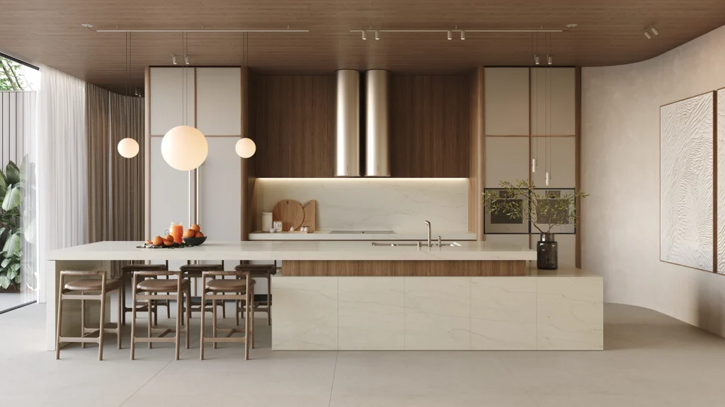 Modern kitchen with large island, wooden cabinetry, hanging spherical lights, and minimalist decor.