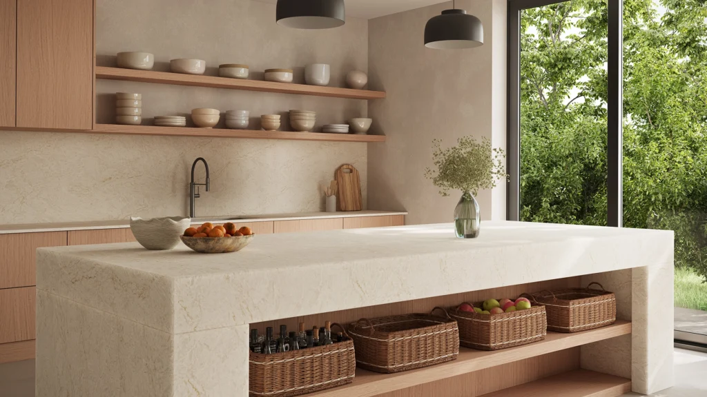 8251_TajWhisper_Render1_1920X1080RGB_050226-1024x576 Minimalist kitchen with wooden shelves, marble island, woven baskets, pendant lights, and greenery outside window.