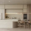 8251_TajWhisper_Render1_1920X1080_RGB-copy-1024x576 Modern kitchen with marble island, built-in appliances, wooden dining table, chairs, and decorative plants.