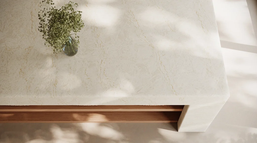 8251_TajWhisper_Render2_1282X715_RGB_050226-1024x571 Minimalist marble table with a small glass vase holding delicate greenery.