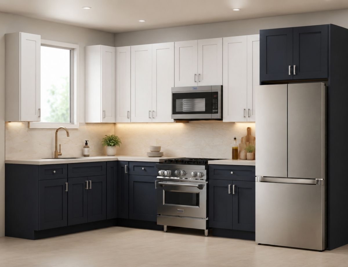 Kitchen visualization with dark lower cabinets, white upper cabinetry, and marble-look backsplash.