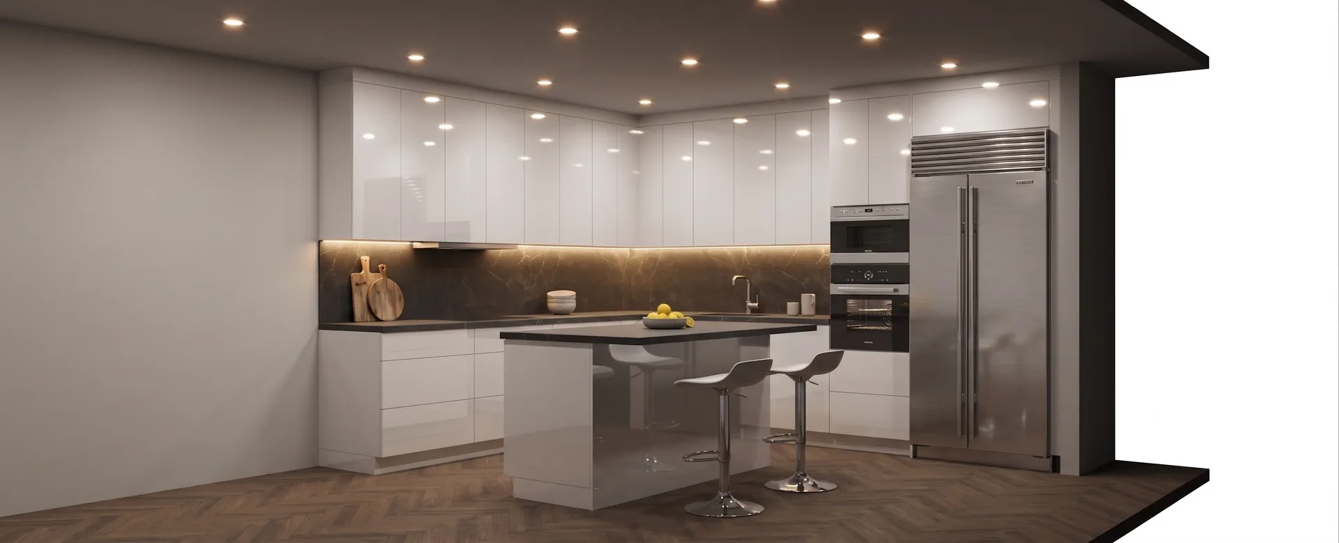 Livora Linea cabinetry in a l-shaped with island kitchen concept