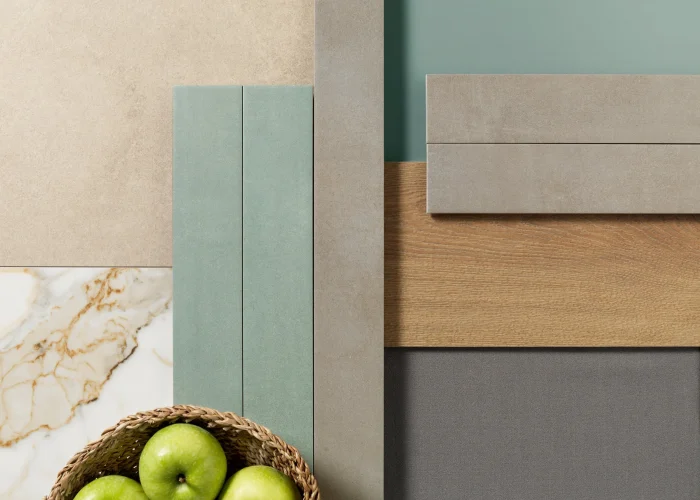 Kitchen tile moodboard with ceramic tile samples and design inspiration